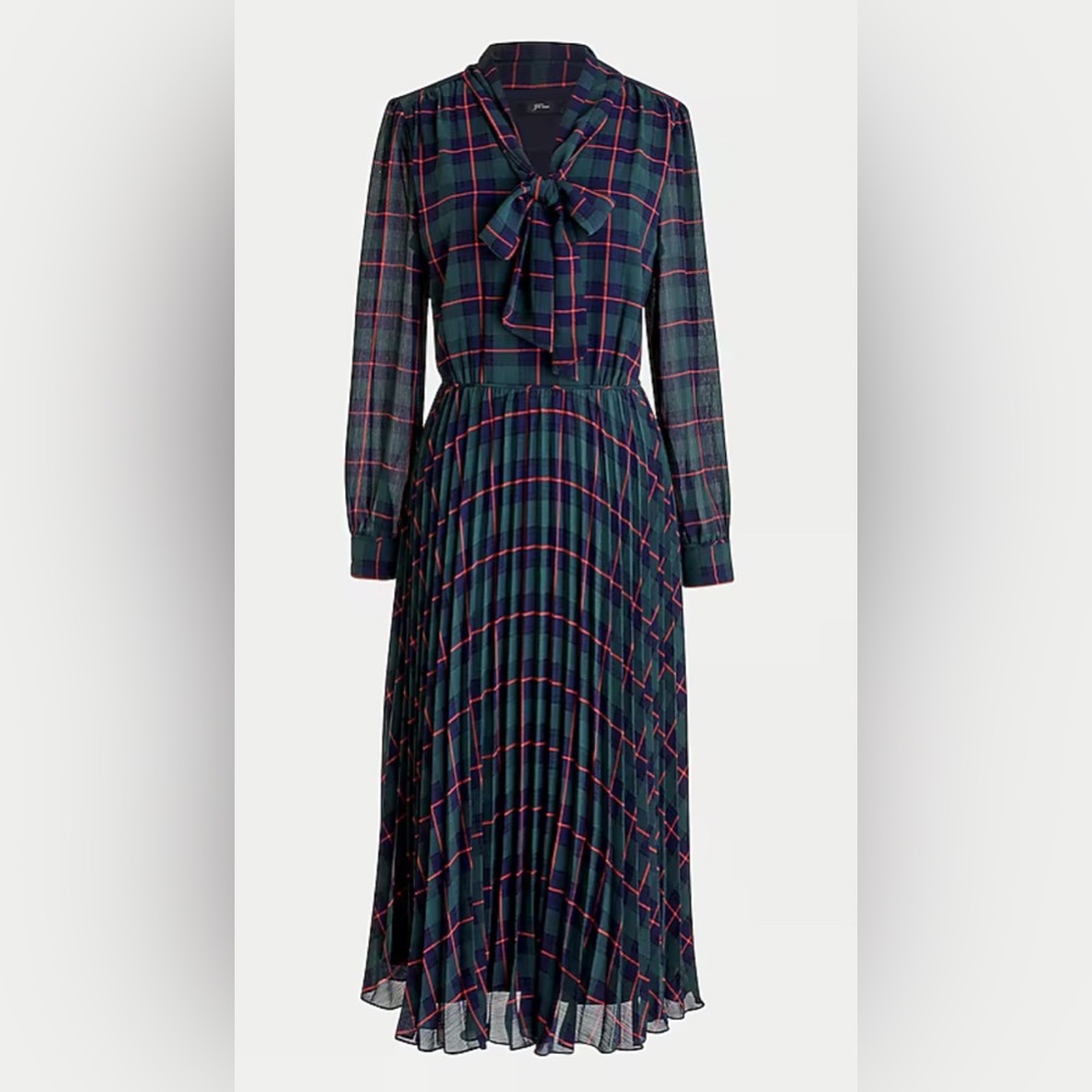 J. Crew holiday winter tie-neck pleated a-line dress in Black Watch tartan